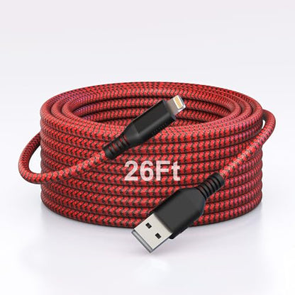 26FT/8M Extra Long iPhone Charger Cord, [Apple MFi Certified] Nylon Braided Lightning Cable 2.4A, Fast Charging Long iPhone Charger Cord for iPhone 14 13 12 11 Pro Max/XS/XR/iPad