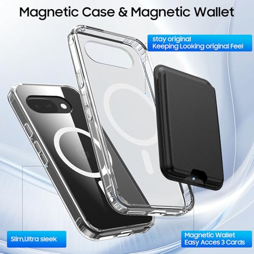 Magnetic for Google Pixel 9A Wallet Case with Card Holder﻿ | Compatible with MagSafe, Shockproof Phone Cover with Detachable RFID Blocking Card Slot, Clear & Black - color: Clear with Black, size: Pixel 9A
