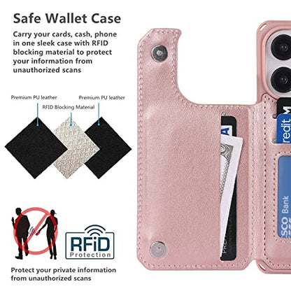iCoverCase Compatible with iPhone 14 Pro Wallet Phone Case with Card Holder for Women, RFID Blocking Embossed PU Leather Wrist Strap Case 6.1 Inch (Heart Rose Gold) - color: H-Rose Gold