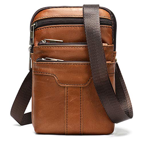 Cell Phone Shoulder Bag Leather Men, Waterproof Phone Waist Bag Messenger Bag Crossbody Purse with Belt Loop Wallet Case - color: Brown