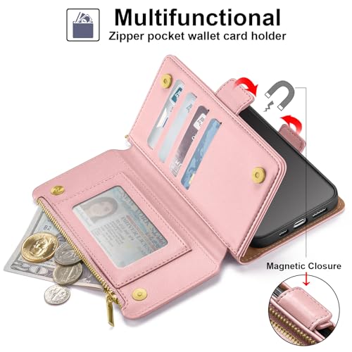 Antsturdy for iPhone 17 Pro Max Phone Wallet Case Women,Pink | RFID Blocking,with Credit Card Holder Slots,PU Leather Purse,Zipper Pocket,Wrist Strap Kickstand,Flip Folio Cover for Men - color: Pink