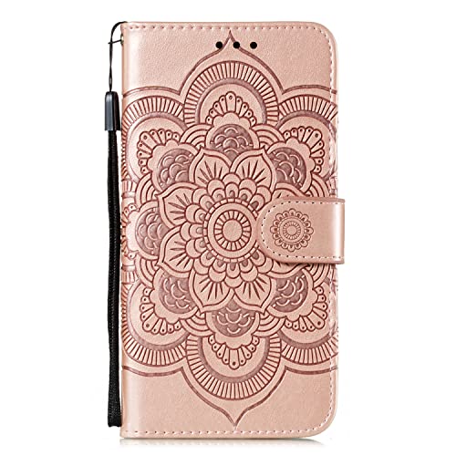 EYZUTAK Case for iPhone 13 Pro, Premium PU Leather Magnetic Flip Wallet Case with Card Holder Cash Slot Lanyard Strap Kickstand Function Embossed Mandala Flower Pattern Shockproof Cover - Rose Gold - color: Rose Gold, size: iPhone 13 Pro