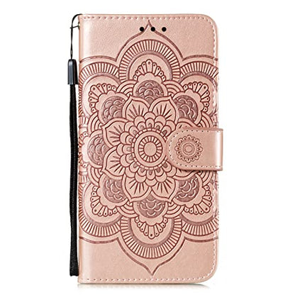EYZUTAK Case for iPhone 13 Pro Max, Premium PU Leather Magnetic Flip Wallet Case with Card Holder Cash Slot Lanyard Strap Kickstand Function Embossed Mandala Flower Pattern Shockproof Cover-Rose Gold - color: Rose Gold, size: iPhone 13 Pro Max