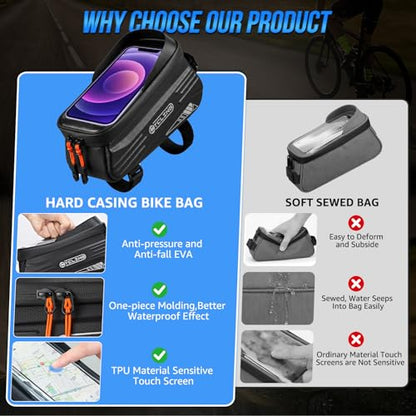 WOTOW Bike Phone Bag, Waterproof Bicycle Top Tube Phone Holder Hard Shell | Bike Front Frame Bag with TPU Touch Screen for Cell Phones Up to 7", 1.9L Bike Handlebar Bag for Ebike Accessories Storage
