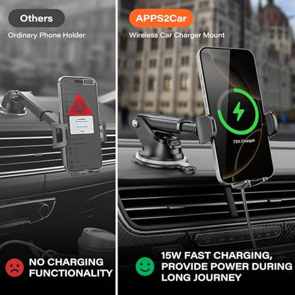 APPS2Car 15W Wireless Charger Car Mount, Suction Cup Dashboard Holder - color: Black_Wireless Charger