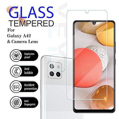 YEBF Samsung Galaxy A42 5G Screen Protector, 2 Pack, HD Clear Tempered Glass, 9H Hardness, Anti-Glare, Bubble-Free, Includes Camera Lens Protectors - size: Galaxy A42 5G