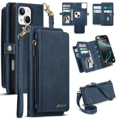 for iPhone 15 Wallet Case, Detachable Magnetic Shockproof Phone Case,Faux Leather Crossbody Wallet,with RFID Blocking，Zipper Card Holder，Shoulder Strap (Dark Blue) - color: Darkblue, size: iPhone 15