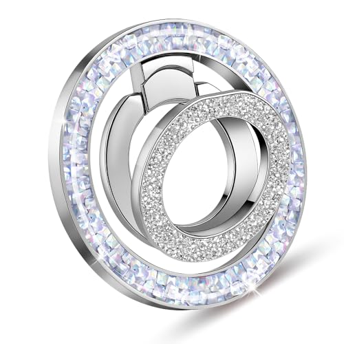 Bling Phone Ring Holder, Crystal Magnetic Phone for MagSafe Grip with 360° Rotating Adjustable Kickstand, Double Magnetic Ring Stand for iPhone 16/15/14/13/12 Series, Silver - color: silver