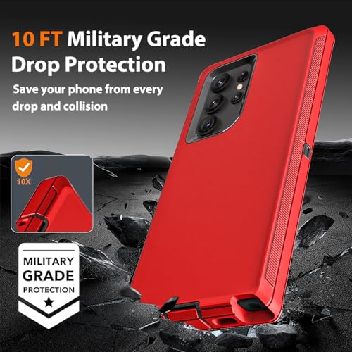 for Samsung Galaxy S22 Ultra Case with 2Pcs Self Healing Flexible TPU Screen Protector & Camera Lens Protector, 3 in 1 Heavy Duty Shockproof/Drop Proof/Dust Proof Case (Red/Black) - color: Red/Black