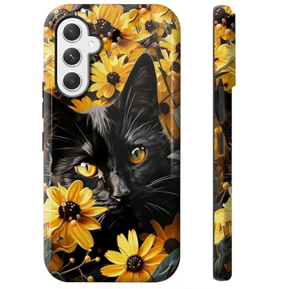 Black Cat Sunflowers Phone Case for Samsung Galaxy S25, Dual Layer Shockproof Rugged Cover with Soft TPU + Hard PC, Anti-Scratch Slim Fit Wireless Charging Compatible - color: Black Cat Sunflowers, size: 6.2" Galaxy S25