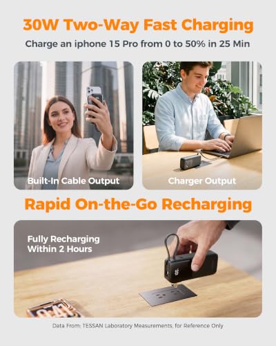 TESSAN Portable Charger Power Bank 10000mAh,3-in-1 Built in 30W USB C Cable