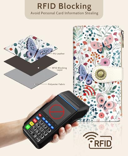 GIANCOMICS Butterfly Womens Wallet RFID Blocking, Credit Card Holder Bifold | Billfold, Cute Cash Purse, Travel Zipper Coin Pocket, Compact Clutch, PU Leather, ID Window, 11 Card Slots, Ladies Gift Woman - color: Butterflies and Flowers