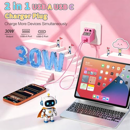 Aolcev for iPhone Charger 2 in 1 Dual USB A USB C Charger Block Retro 30W - color: Rose Pink