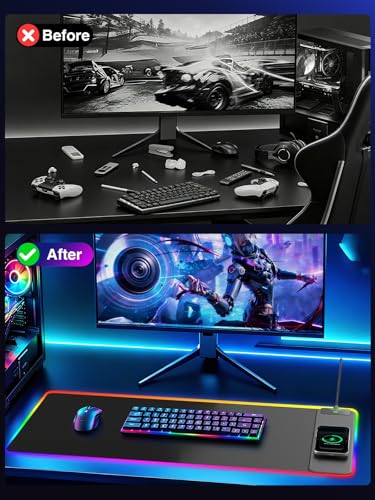 Wireless Charging Mouse Pad Gaming, 31.5"x15.8" Large Desk Mat, Waterproof - color: RGB-31.5"x15.8"-Right