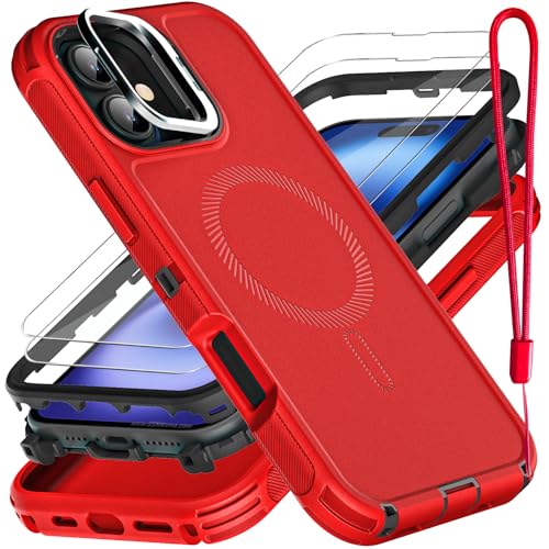 YKHJKLEC for iPhone 16 Case, Military Grade 3 in 1 Heavy Duty Shockproof/Drop Proof/Dust Proof with Kickstand Case, with 2 x Tempered Glass Screen Protector & 1 x Wrist Strap (ZJ-Red/Black) - color: ZJ-Red/Black