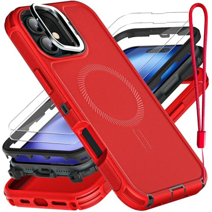 YKHJKLEC for iPhone 16 Case, Military Grade 3 in 1 Heavy Duty Shockproof/Drop Proof/Dust Proof with Kickstand Case, with 2 x Tempered Glass Screen Protector & 1 x Wrist Strap (ZJ-Red/Black) - color: ZJ-Red/Black