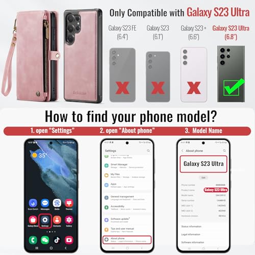 Defencase for Galaxy S23 Ultra Case Wallet Compatible with Magsafe, Pink | Magnetic Detachable, RFID Bolcking Card Holder, Zipper Strap, PU Leather Drop-Proof Phone Cover for Samsung Galaxy S23 Ultra - color: (Detachable with Magsafe)-Pink