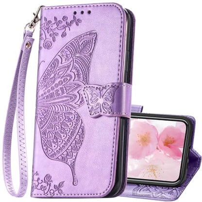 for iPhone 12 Pro/iPhone 12 Wallet Case,Women Flip Folio Cover with Butterfly Embossed PU Leather Kickstand Credit Card Holder Slots Wrist Strap for iPhone 12/12 Pro 6.1 inch (Lavender) - color: Lavender