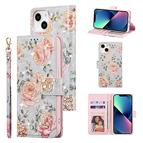 UEEBAI Wallet Case for iPhone 13, PU Leather Phone Cover Kickstand RFID Blocking Flip Case Card Slots Wrist Strap Relief Engraved Pattern Magnetic Closure Flower Folio Wallet, Purple Rose - color: Purple Rose, size: iPhone 13