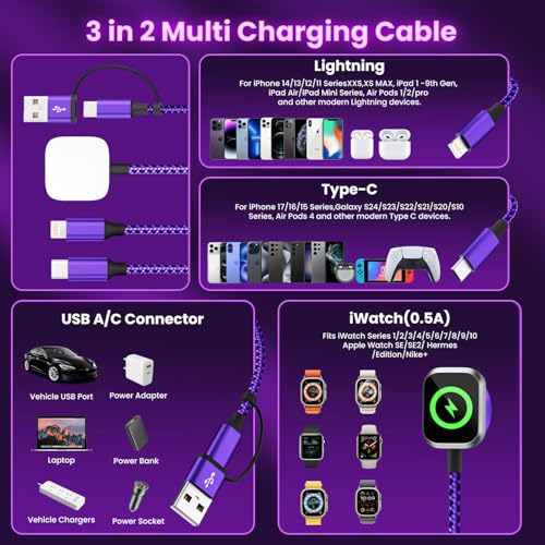 Travel Essentials 3in2 Multi Charging Cable for Apple Watch Charger,2PC 5FT - color: Dark Purple, size: AC to C+L+iWatch
