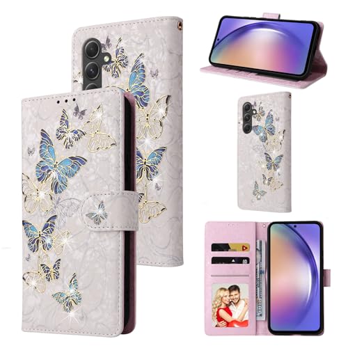 UEEBAI Wallet Case for Samsung Galaxy A16 4G/5G, PU Leather Phone Cover Kickstand RFID Blocking Flip Case Card Slots Wrist Strap Relief Engraved Pattern Magnetic Closure Folio Cover - Blue Butterfly - color: Blue Butterfly, size: Samsung Galaxy A16 4G/5G