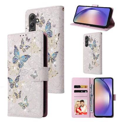 UEEBAI Wallet Case for Samsung Galaxy A16 4G/5G, PU Leather Phone Cover Kickstand RFID Blocking Flip Case Card Slots Wrist Strap Relief Engraved Pattern Magnetic Closure Folio Cover - Blue Butterfly - color: Blue Butterfly, size: Samsung Galaxy A16 4G/5G