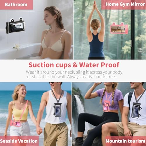 Larger Waterproof Phone Pouch iPhone &Shower Phone Holder Waterproof with 2 Suction Cups,Water Phone Protector Pouch with Adjustable Lanyard for iPhone 17 16 15 ProMax (Pink, 1 PCS) - color: Pink