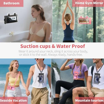 Larger Waterproof Phone Pouch iPhone &Shower Phone Holder Waterproof with 2 Suction Cups,Water Phone Protector Pouch with Adjustable Lanyard for iPhone 17 16 15 ProMax (Pink, 1 PCS) - color: Pink