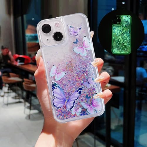 Compatible with iPhone 13 Glitter Butterfly Case Glow in The Dark Women Girls Girly Bling Sparkle Flowing Quicksand Light up Case Soft TPU Bumper Luminous Clear Phone Cover, Purple - color: Purple, size: iPhone 13