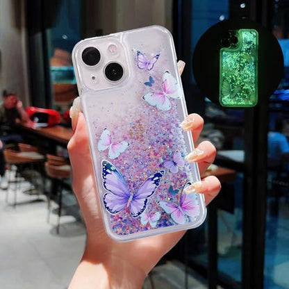 Compatible with iPhone 13 Glitter Butterfly Case Glow in The Dark Women Girls Girly Bling Sparkle Flowing Quicksand Light up Case Soft TPU Bumper Luminous Clear Phone Cover, Purple - color: Purple, size: iPhone 13
