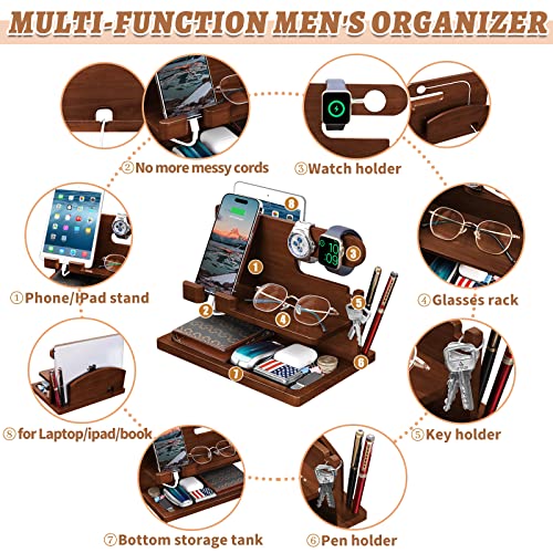 Wood Phone Docking Station - Nightstand Charging Organizer and Cell Phone Stand - Bedside Gift for Men