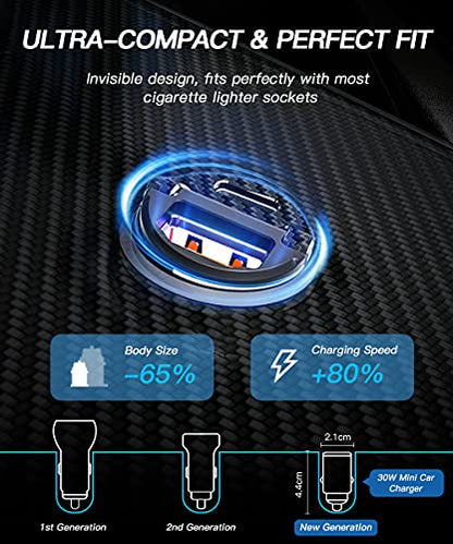 ELECTOP USB C Car Charger, Smallest Cigarette Lighter USB Charger Adapter 30W PD & 30W QC3.0 4.8A Dual Port Fast Car Charger Adapter Flush Fit Compatible with iPhone 12 iPad MacBook Samsung 2 Pack