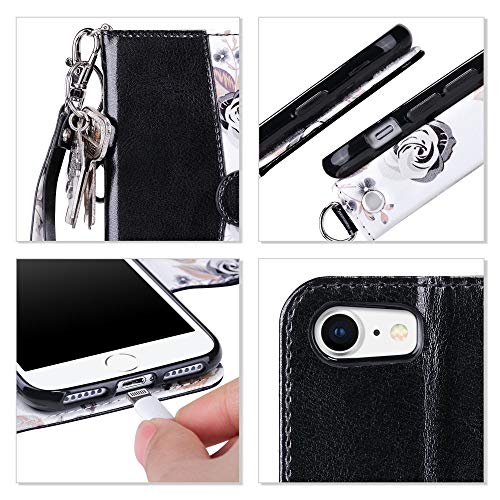 ULAK for iPhone SE 3(2022)/SE(2020)/8/7 Wallet Case Card Holder, Black | Premium PU Leather Flip Case with Kickstand Card Slots [RFID Blocking] Wrist Strap, Durable Shockproof Cover 4.7 Inch - color: Black