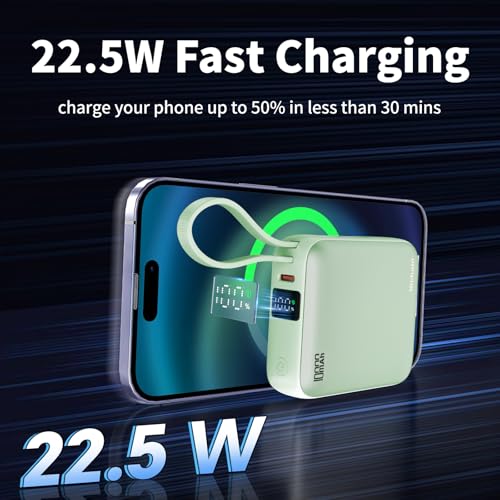 Hichain Portable Charger with Dual Built-in Cables 10000mAh Small Power Bank 22.5W Fast Charging Mini Powerbank LED Display Travel Essential Battery Pack for iPhone 17 16 15 14 13 All Series Green - color: Green
