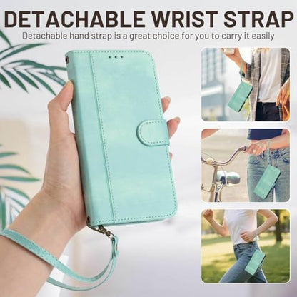 for Galaxy A17 5G Phone Case Wallet and Wrist Strap (Mint) | Card Holder Slots, PU Leather, Flip Cover, Magnetic Closure, Kickstand, Folio Protective, for Samsung A17 Case - color: Mint