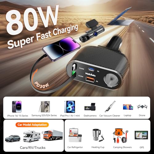 MAGJIEYX Car Cigarette Lighter Splitter Charger, Fast Car Phone Charger with 1-Socket(100W) Charging Adapter and USB C Coiled Cable for iPhone 17 16 15, Galaxy S25 Ultra/iPad/GPS/Dash Cam/Laptop