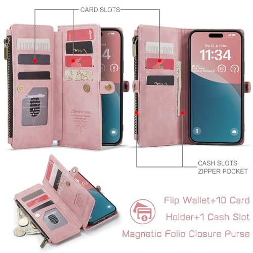 Defencase for iPhone 14 Plus Wallet Case with RFID Card Holder, Rose Pink | Durable Soft PU Leather, with Zipper Pocket, Wrist Strap, Fashion Snap Flip Phone Cases Cover with Stand for Women and Men - color: Rose Pink
