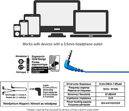 Panasonic ErgoFit Wired Earbuds with Microphone, 3.5mm Jack Headphones with Mic and Call Controller, Ergonomic Custom-Fit Earpieces (S/M/L), for Phones and Laptops - RP-TCM125-AA (Metallic Blue)