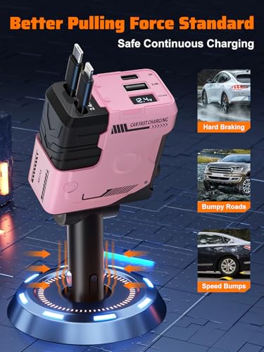 Retractable Car Charger with Retractable Cable (31.5 inch), 4 in 1 Super Fast Car Phone Charger, 2 USB Ports Adapter, Compatible with iPhone 15 14 13 12 11 Pro Max, iPad, Pixel - color: Pink