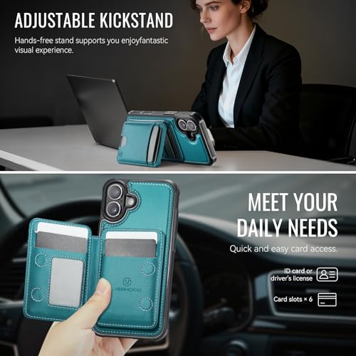 WJX for iPhone 16 MagSafe Wallet Case, 2-in-1 Detachable Luxury Card Holder, Universal MagSafe Compatible, RFID Blocking, Shockproof Kickstand Slim Cover， Lime Green - color: Lime green, size: iPone 16