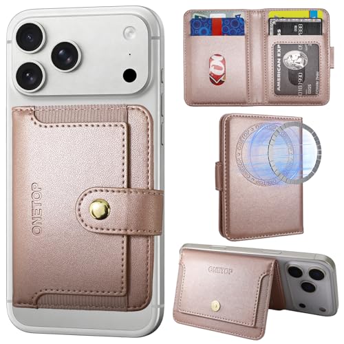 ONETOP for MagSafe Wallet,Magnetic Phone Wallet with 5 Card Slots,RoseGold | 1-12 Cards/Cash Holder for iPhone 17/16/15/14/13/12 Series,Detachable Wallet Stick-On Back,PU Leather RFID Blocking Kickstand - color: Rose Gold