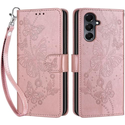 Wallet Case for Samsung Galaxy A16 5G, Rose Gold Butterfly | Women Flip Folio Cover, Embossed PU Leather, Stand, Credit Card Holders Slots, Wrist Strap - color: 7