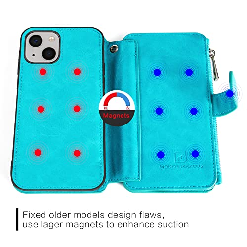 MODOS LOGICOS Case Compatible with iPhone 15 6.1", [Detachable Wallet Folio][Zipper Cash Storage][Up to 14 Card Slots 1 Photo Window] PU Leather Purse with Removable Inner Magnetic TPU Case - Teal - color: Teal, size: iPhone 15