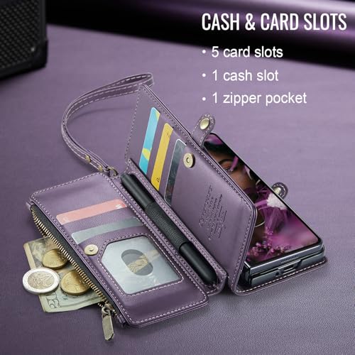 Defencase for Samsung Galaxy Z Fold 6 Wallet Case with Card Holder, Purple | Durable Soft PU Leather, RFID Blcking Zipper Pocket, with S-Pen Holder & Strap, Flip Phone Cases with Stand for Women Men - color: Aesthetic Purple