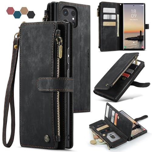 Samsung Galaxy S24 Ultra 5G Wallet Case with Card Holder Kickstand Magnetic Zipper Pocket Lanyard Strap Wristlet,Leather Flip Case Wallet for Samsung Galaxy S24 Ultra 5G 6.8 Inch(Black) - color: Black, size: S24 Ultra 6.8 Inch