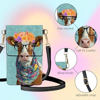Small Crossbody Bags for Women Touchscreen Cell Phone Bag Cross Body Purses with adjustable Strap,Gifts For Teenage Girls - color: Hipster Animal Cow