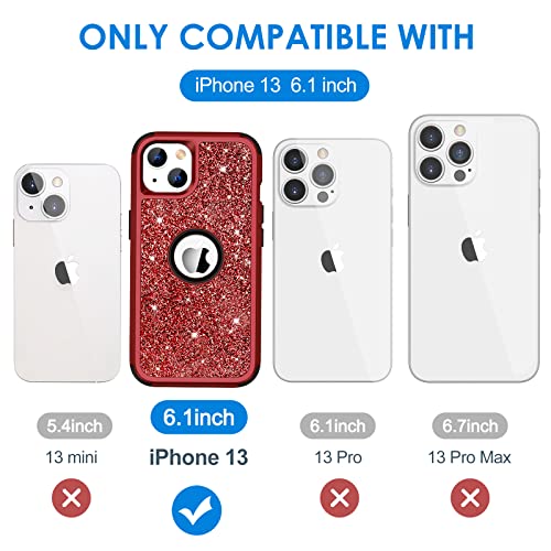 Hython Case for iPhone 13 Case Glitter, Cute Sparkly Shiny Bling Sparkle Cover, Heavy Duty 3 in 1 Hybrid Hard PC Soft TPU Bumper Full Body Shockproof Protective Phone Cases for Women Girls, Red - color: Red