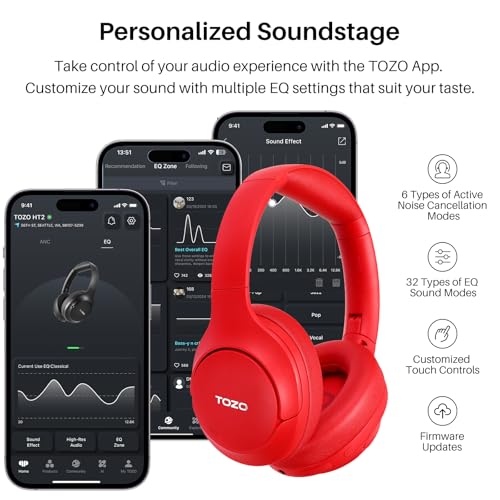 TOZO Hybrid Active Noise Cancelling Headphones, Hi Res Audio - color: Red