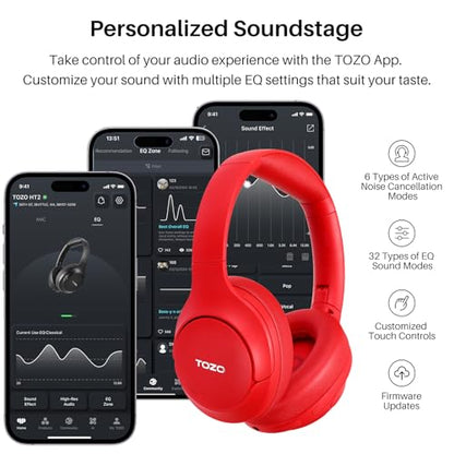 TOZO Hybrid Active Noise Cancelling Headphones, Hi Res Audio - color: Red