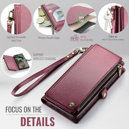 Defencase for Samsung Galaxy S23 Ultra Wallet Case with Card Holder, W-Red | Durable PU Leather, with RFID Blocking Zipper Pocket, Wrist Strap, S23 Ultra Flip Phone Cases Cover with Stand for Women Men - color: Fashion Purple Red